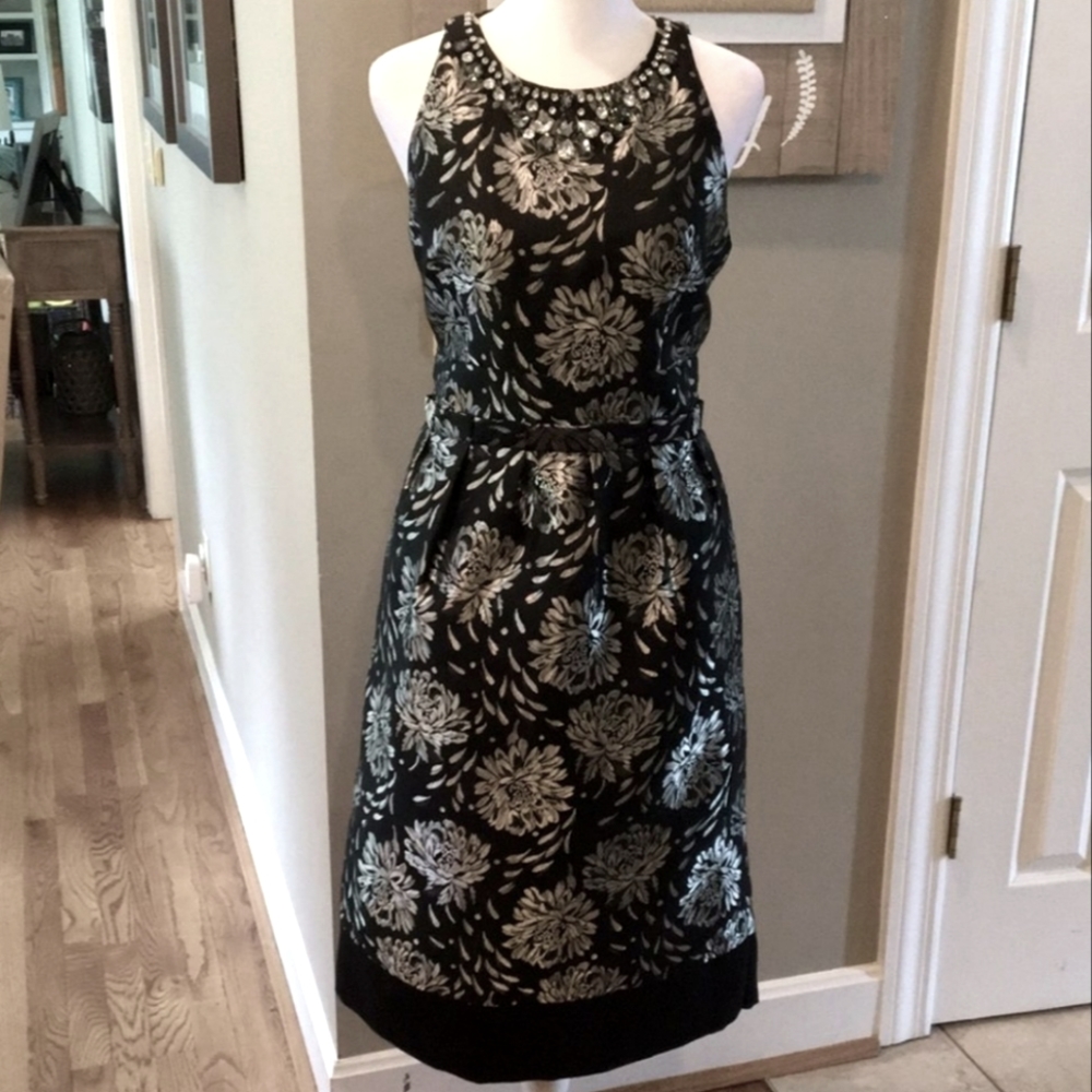ELIZA J EMBELLISHED METALLIC JACQUARD FIT & FLARE SILVER GRAY METALLIC Dress